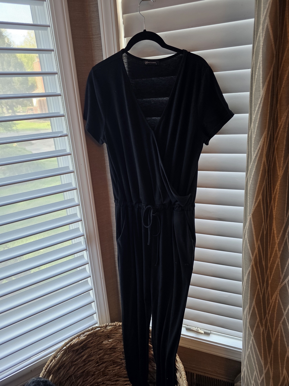Black Short-Sleeve Wrap-Front Jumpsuit with Drawstring Waist